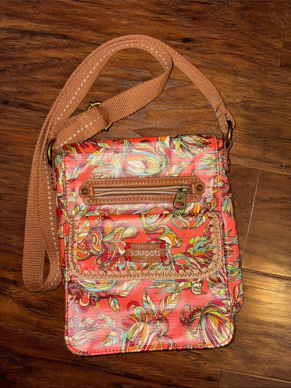 Sakroots Multicolor Floral Crossbody with Tan Strap